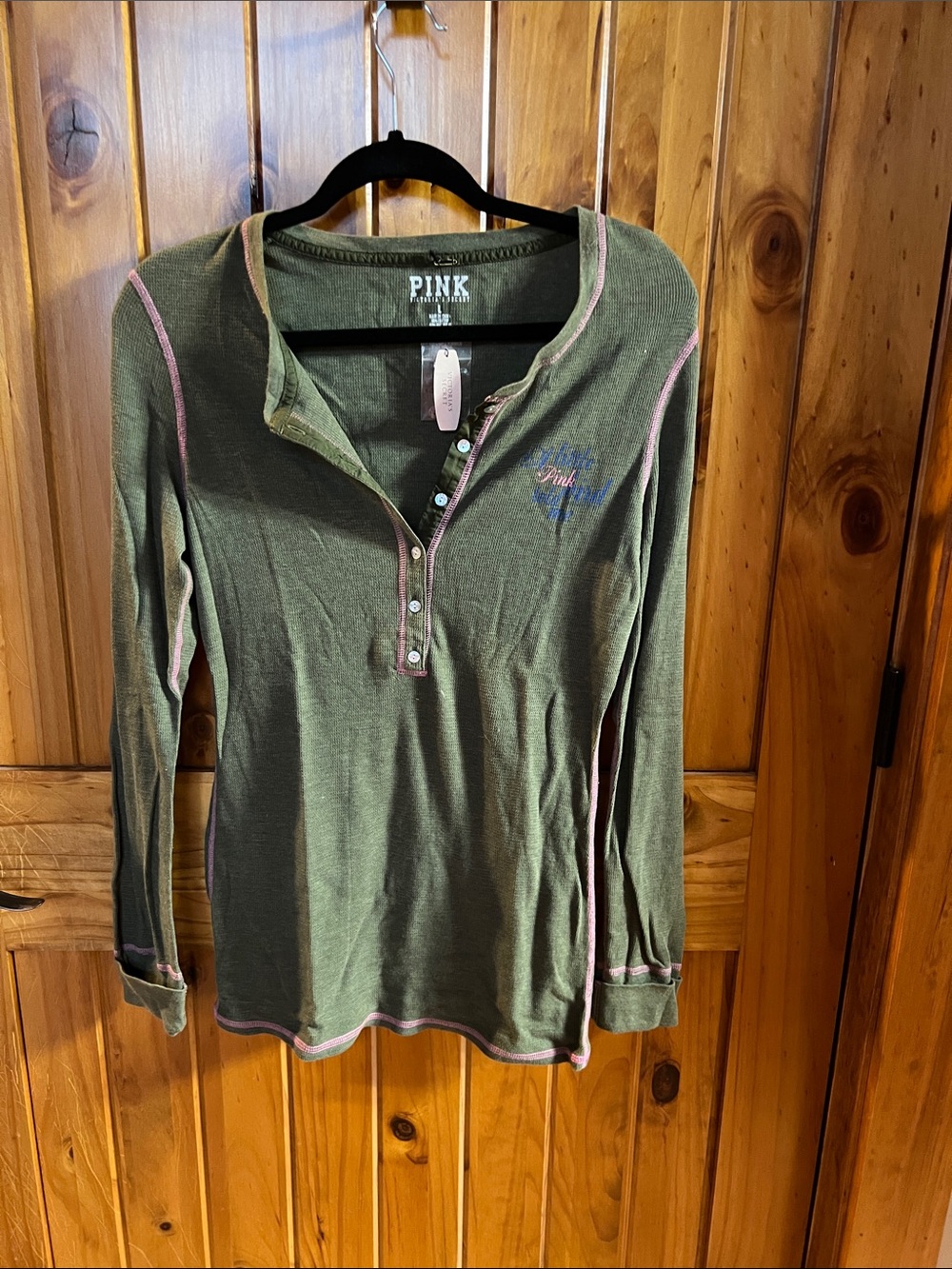 PINK Victoria's Secret Olive Green Long Sleeve Henley with Pink Contrast